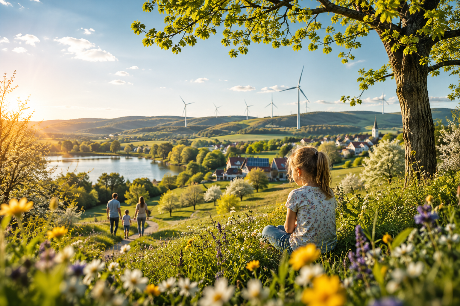 Freundliche Frühlingslandschaft mit Familie, See, Dorf und erneuerbaren Energien